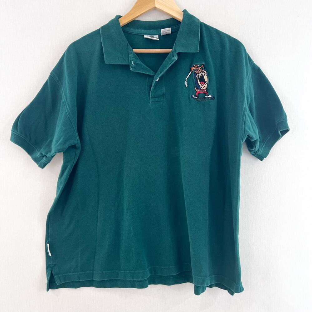 VTG ACME Looney Tunes Tasmanian Devil Green Golf Polo Shirt XL Embroidered